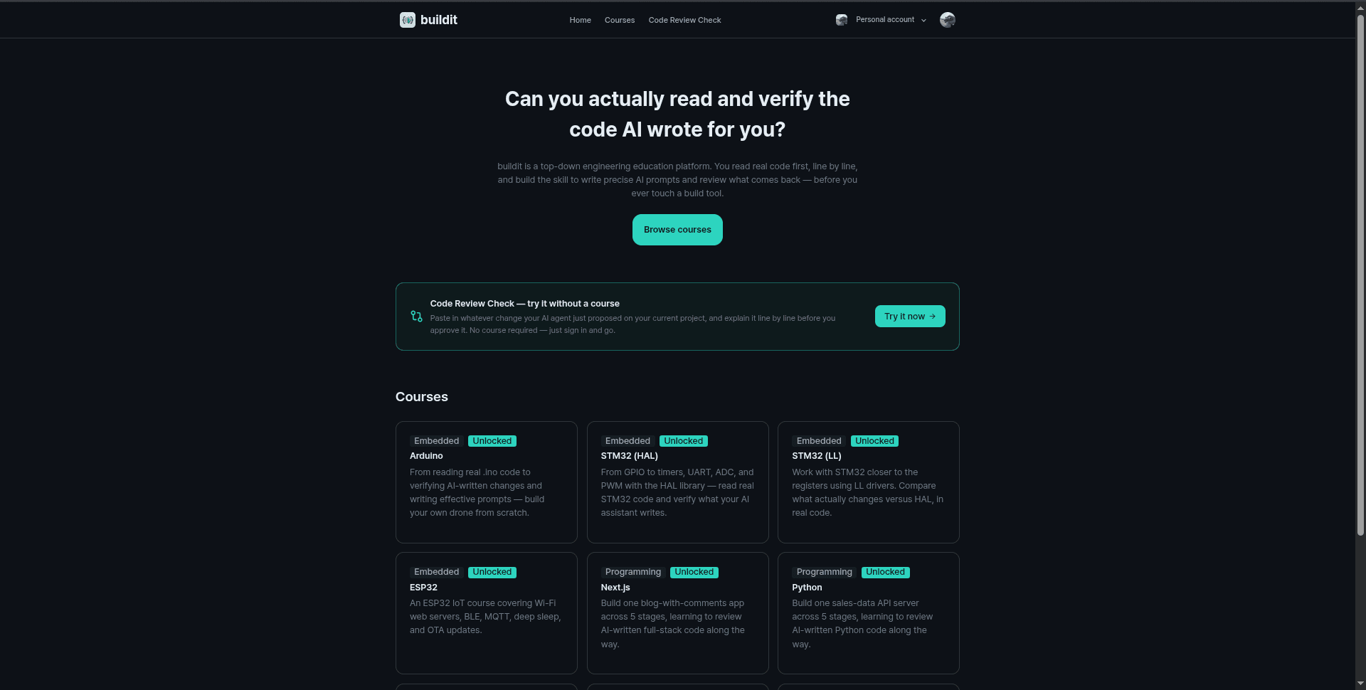 buildit's actual course list, with per-course unlock status badges